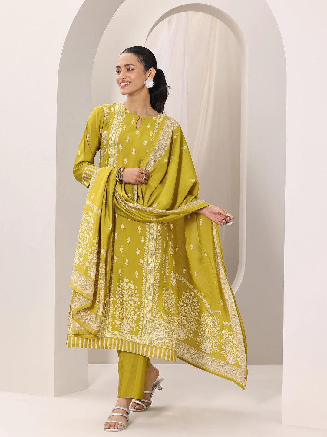 Mustard Printed Silk Blend Straight Suit Set With Dupatta