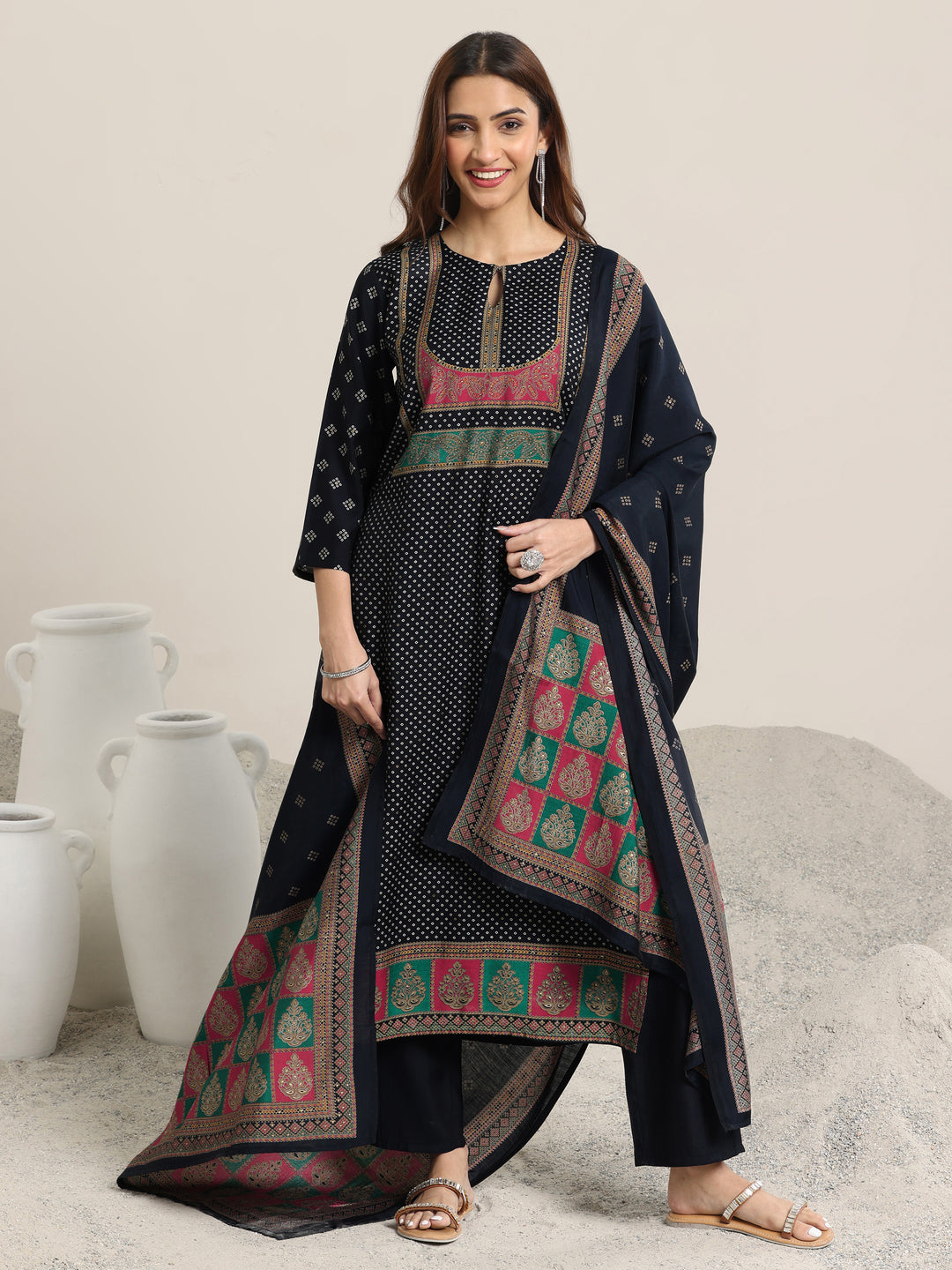 Navy Blue Printed Silk Blend Straight Suit Set With Dupatta