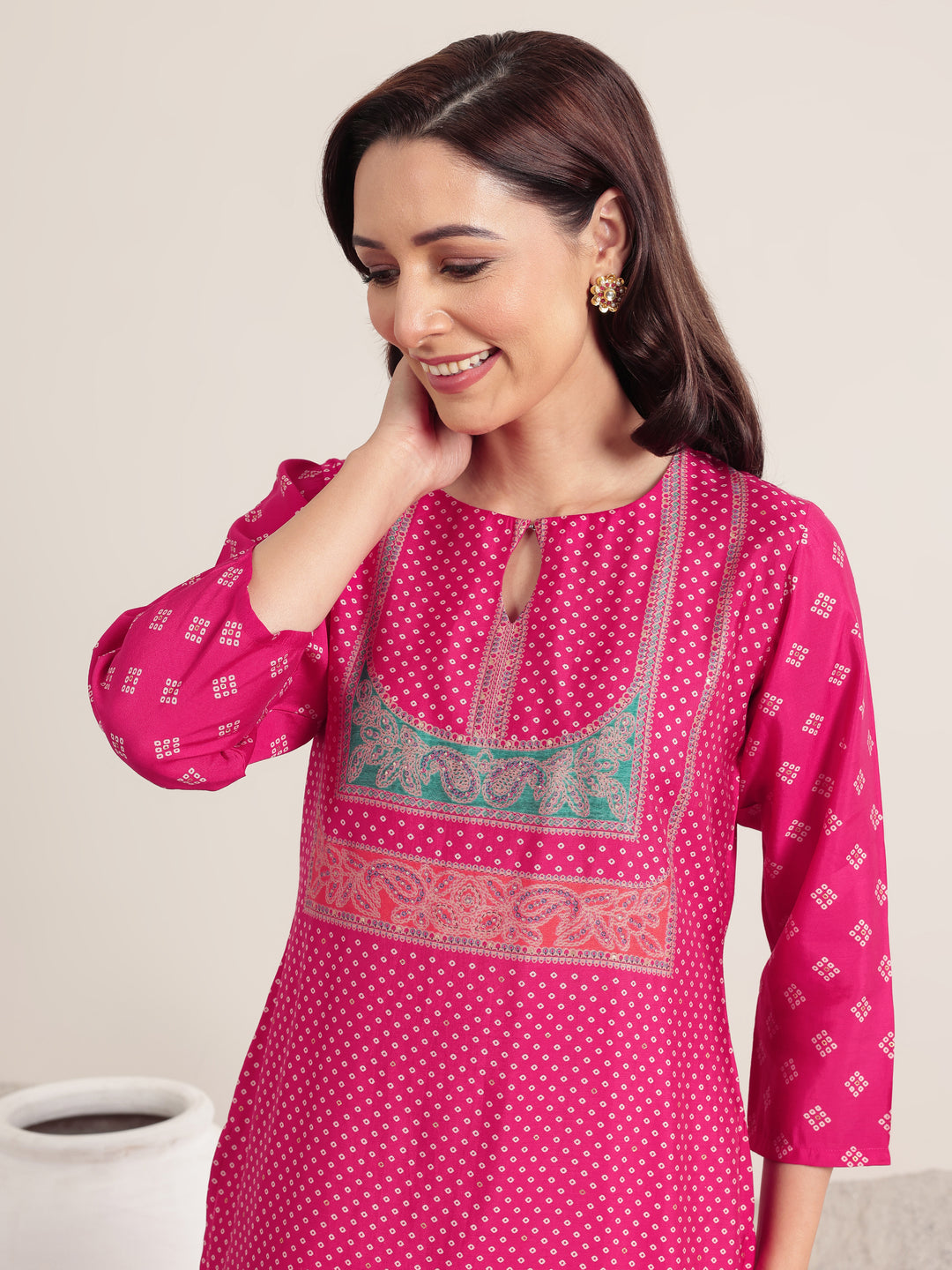  Pink Printed Silk Blend Straight Suit Set With Dupatta 