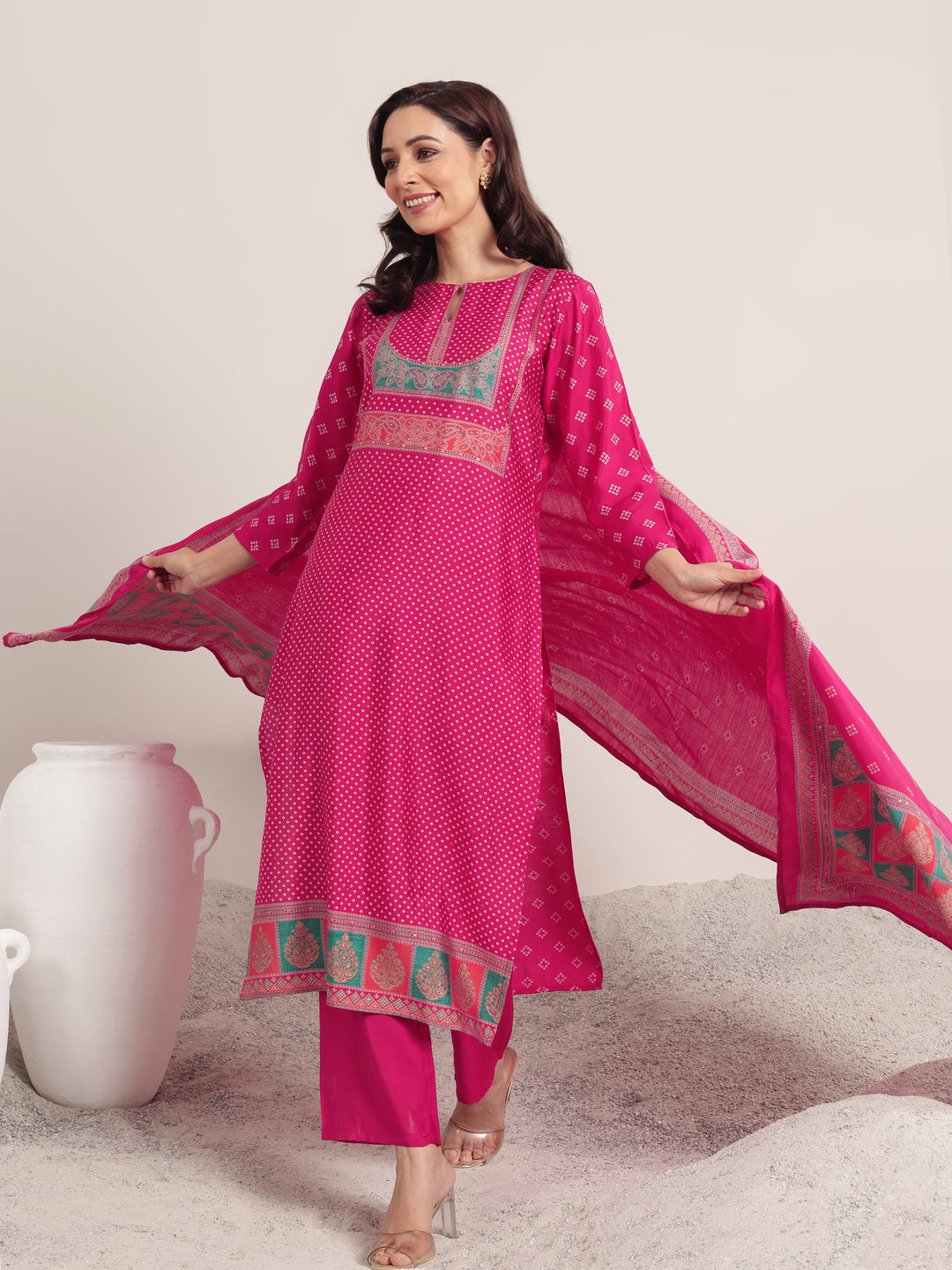  Pink Printed Silk Blend Straight Suit Set With Dupatta 