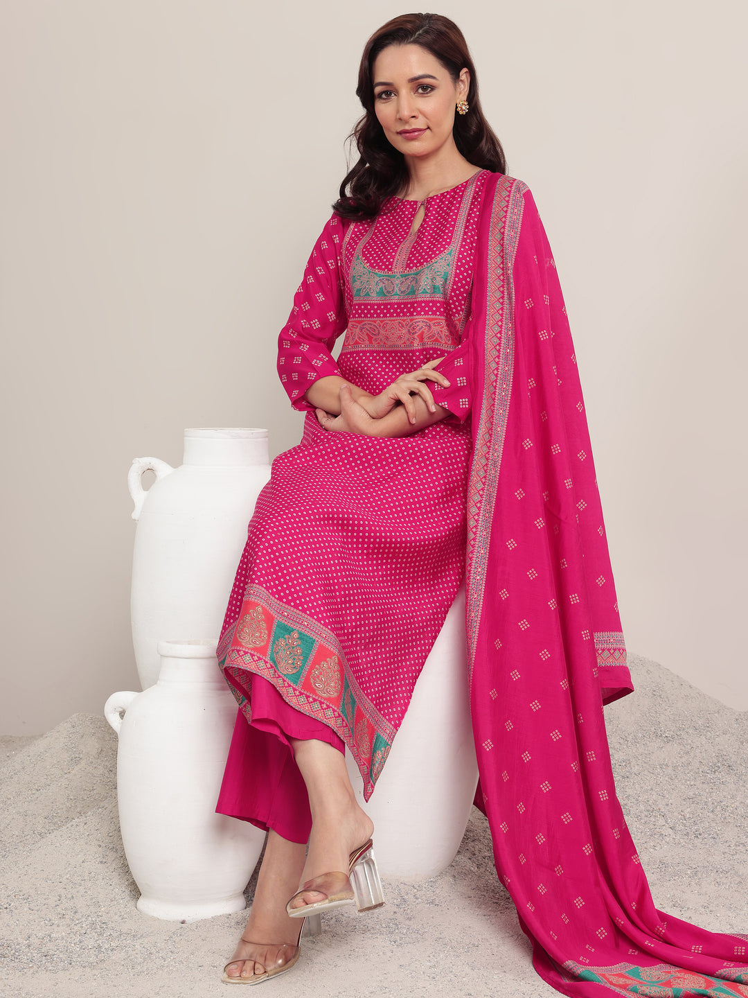  Pink Printed Silk Blend Straight Suit Set With Dupatta 