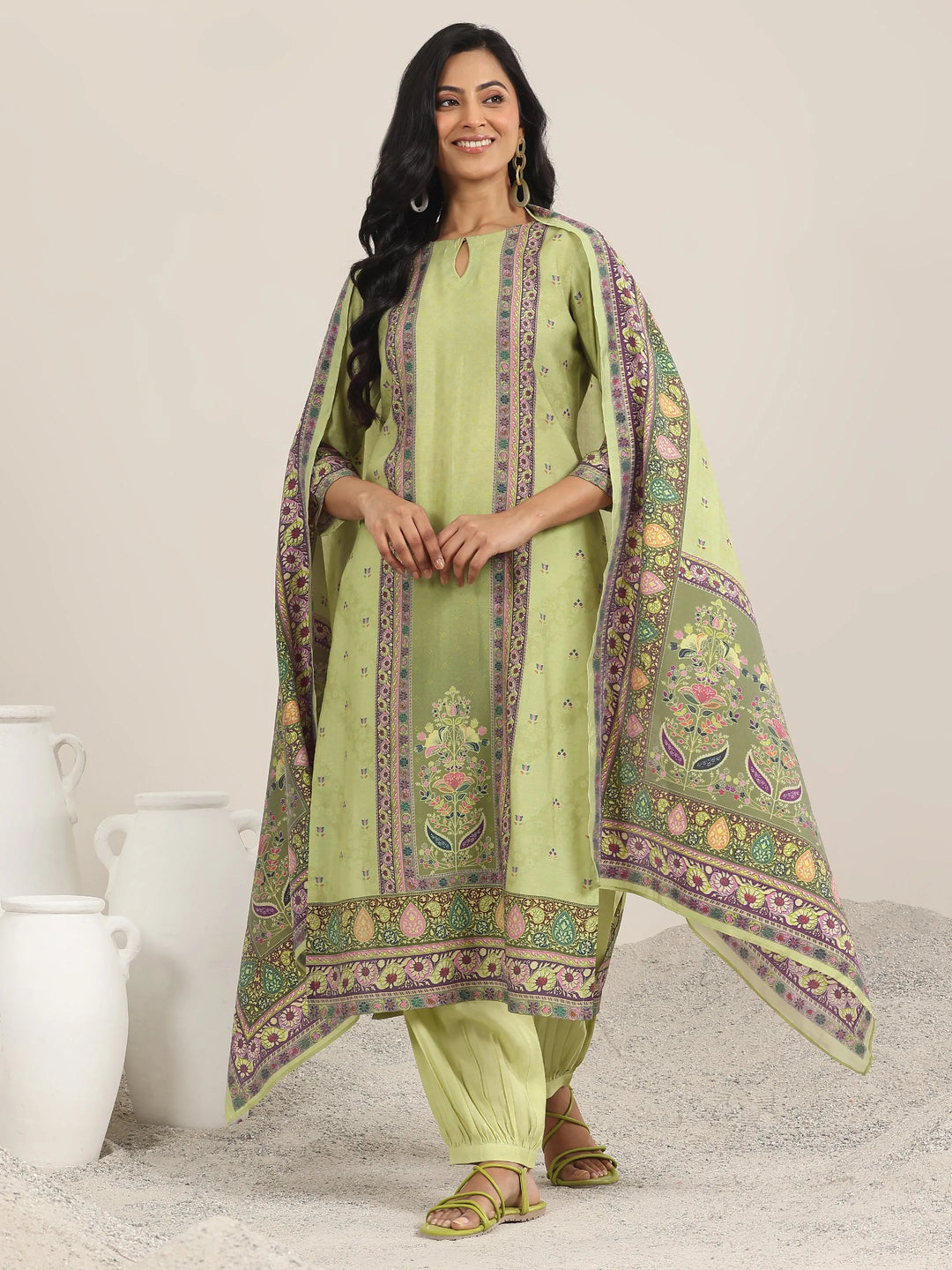  Green Printed Silk Blend Straight Suit With Dupatta 