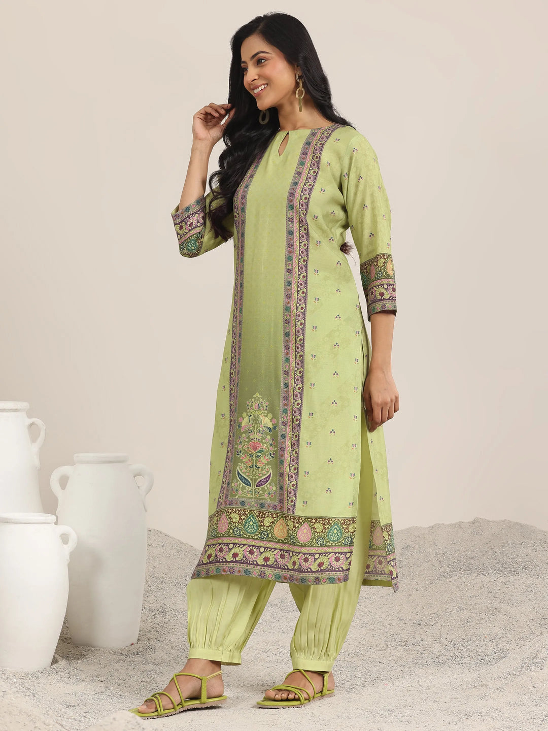  Green Printed Silk Blend Straight Suit With Dupatta 