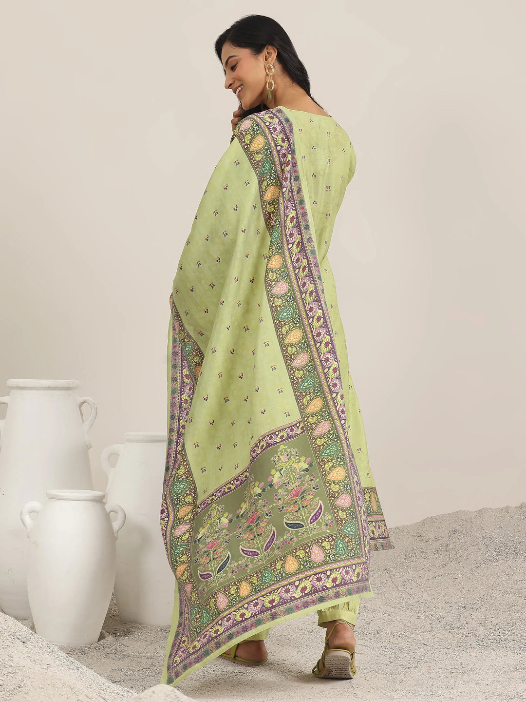  Green Printed Silk Blend Straight Suit With Dupatta 