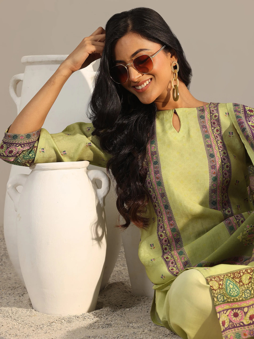  Green Printed Silk Blend Straight Suit With Dupatta 