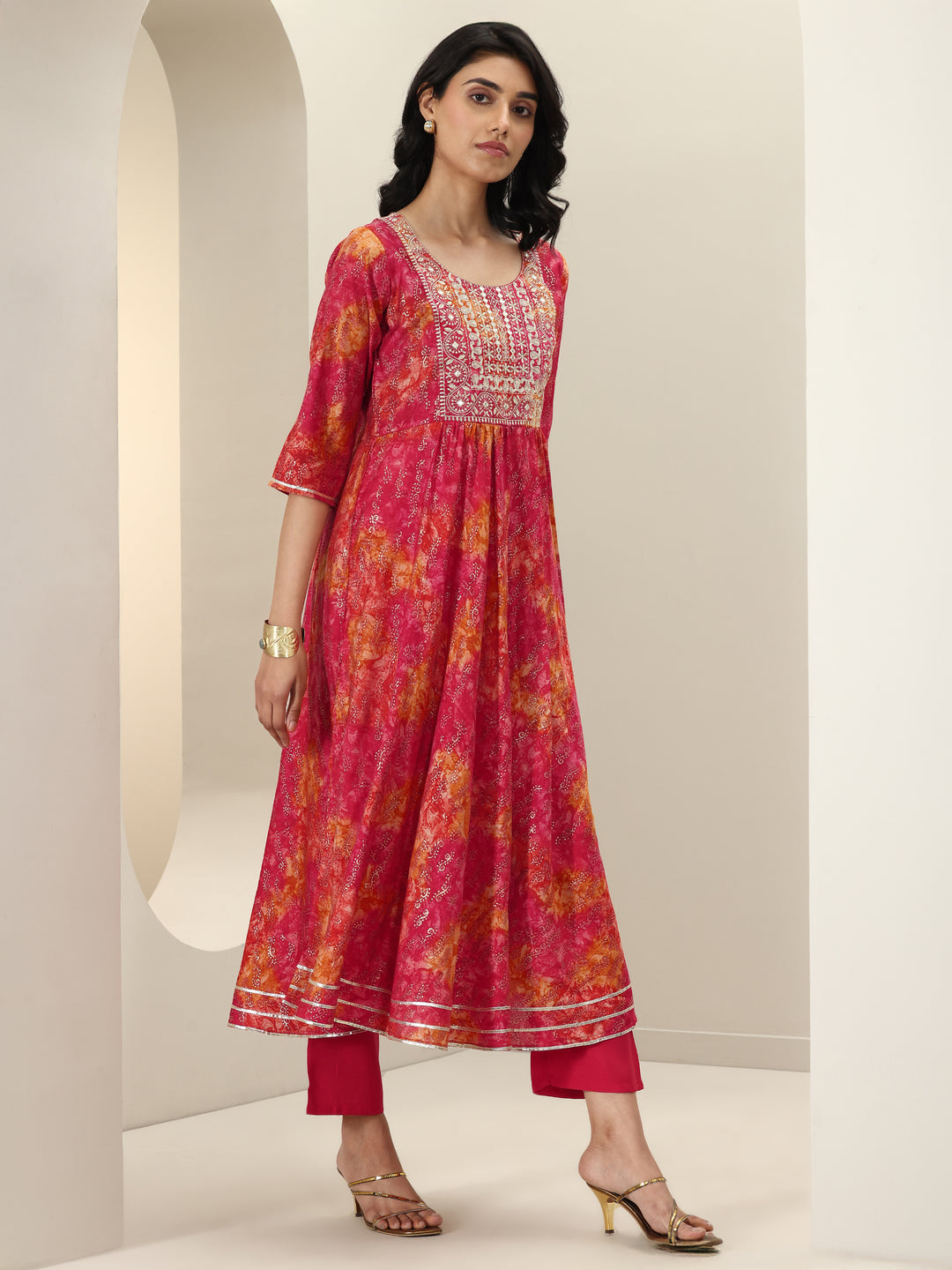  Orange Printed Silk Blend Anarkali Suit Sets With Dupatta 