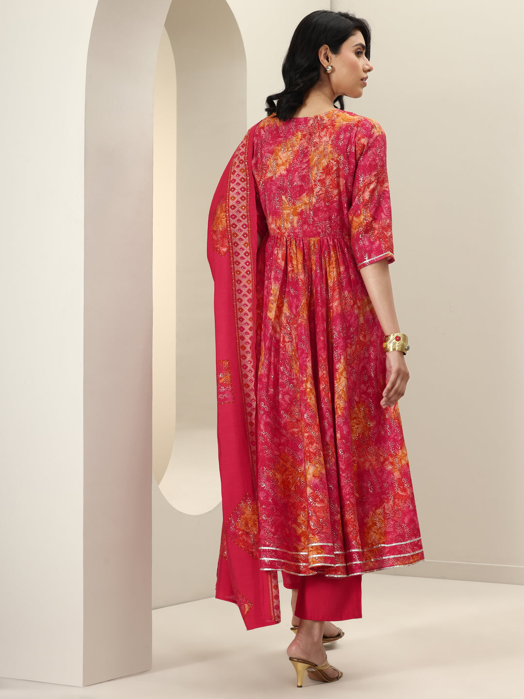  Orange Printed Silk Blend Anarkali Suit Sets With Dupatta 