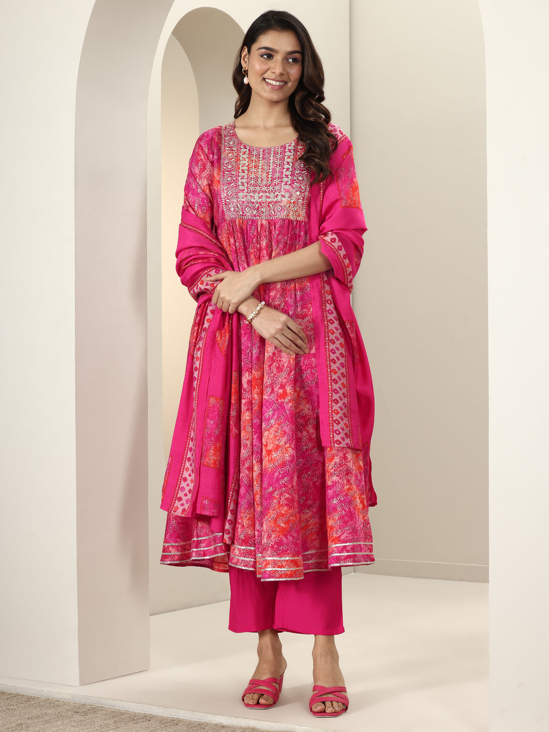  Pink Printed Silk Blend Anarkali Suit Sets With Dupatta 