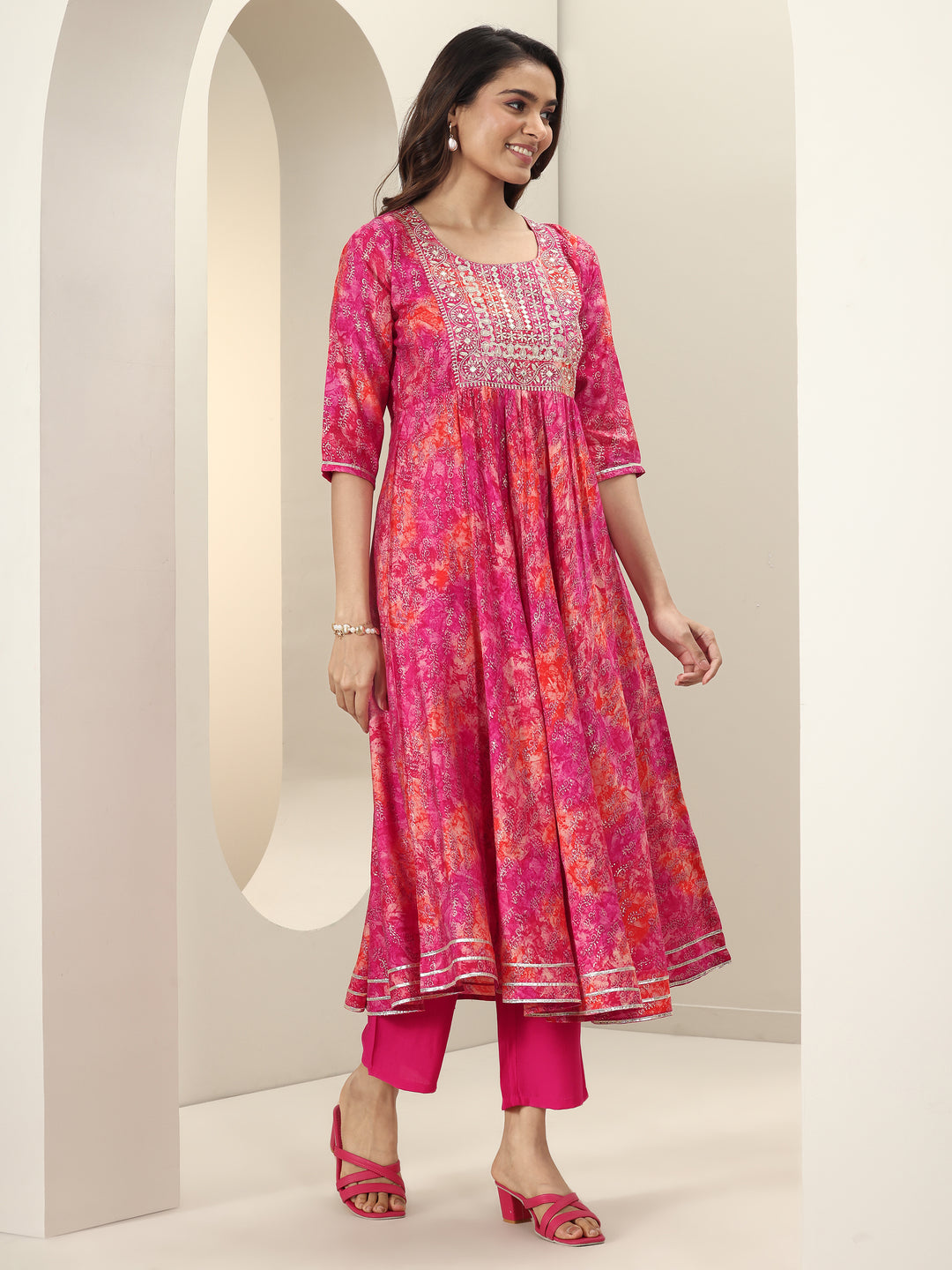  Pink Printed Silk Blend Anarkali Suit Sets With Dupatta 