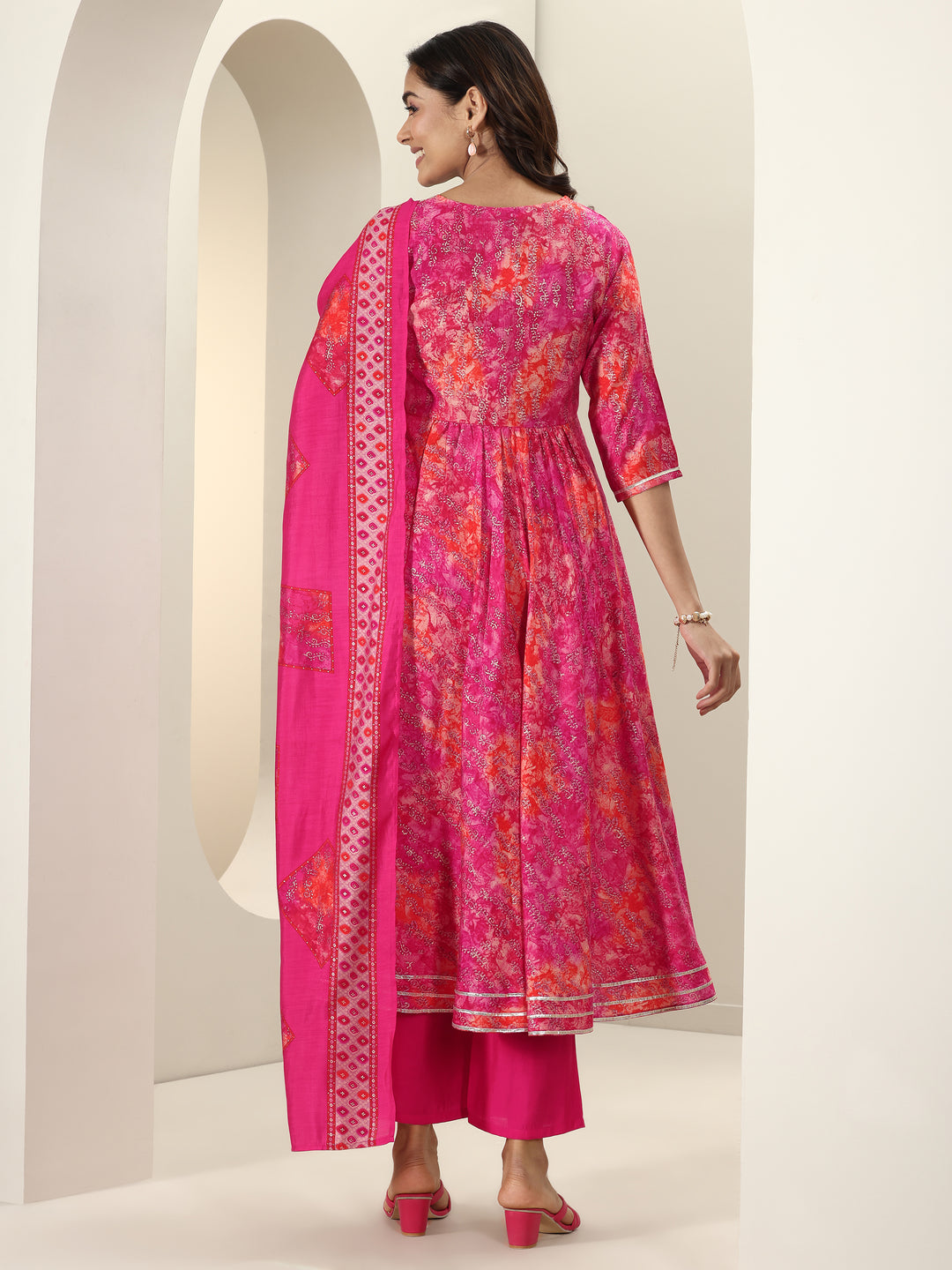  Pink Printed Silk Blend Anarkali Suit Sets With Dupatta 