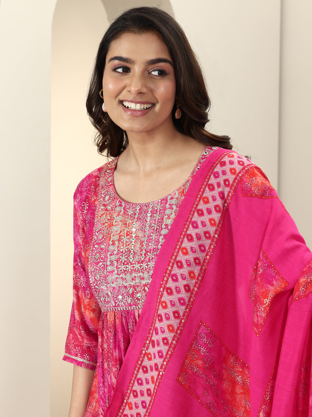  Pink Printed Silk Blend Anarkali Suit Sets With Dupatta 