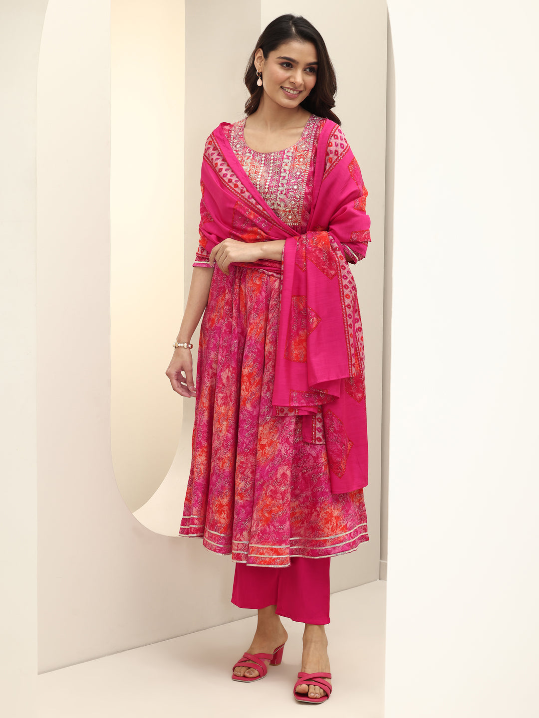  Pink Printed Silk Blend Anarkali Suit Sets With Dupatta 