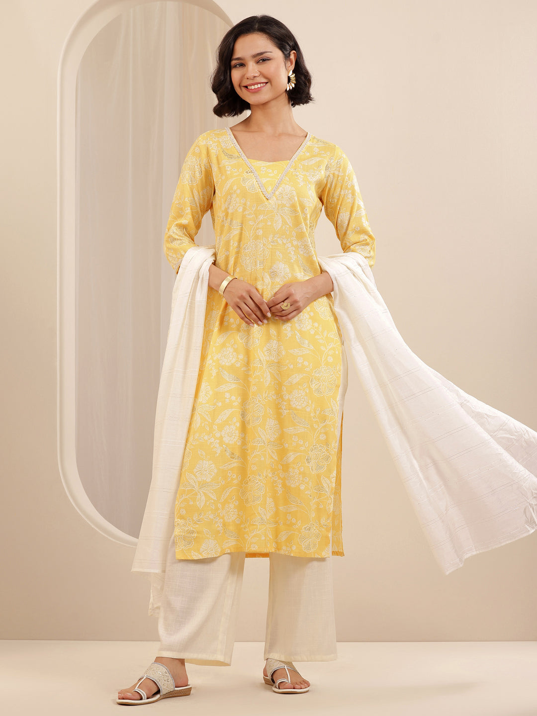  Yellow Printed Cotton Blend Straight Suit Set With Dupatta 