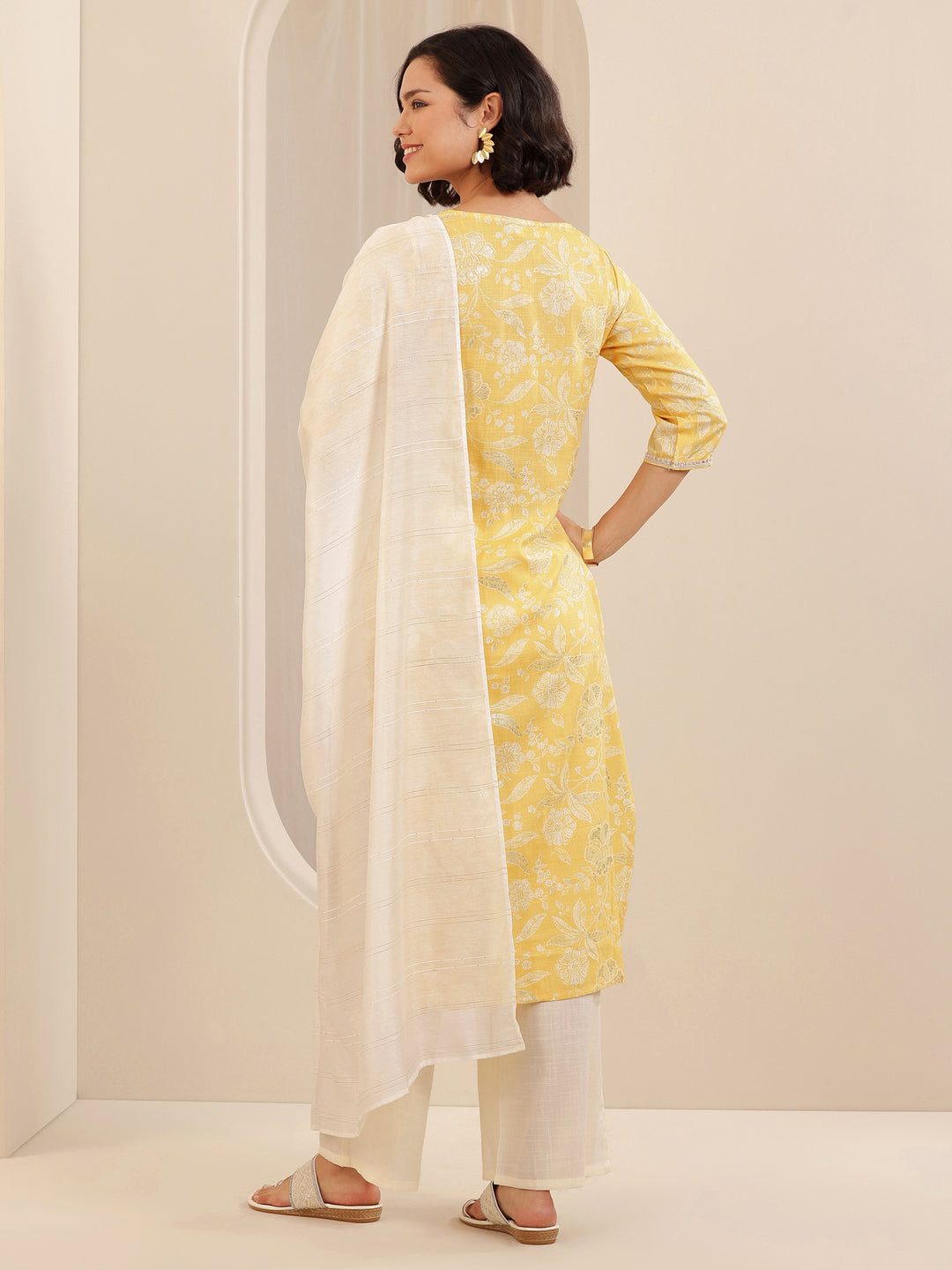  Yellow Printed Cotton Blend Straight Suit Set With Dupatta 