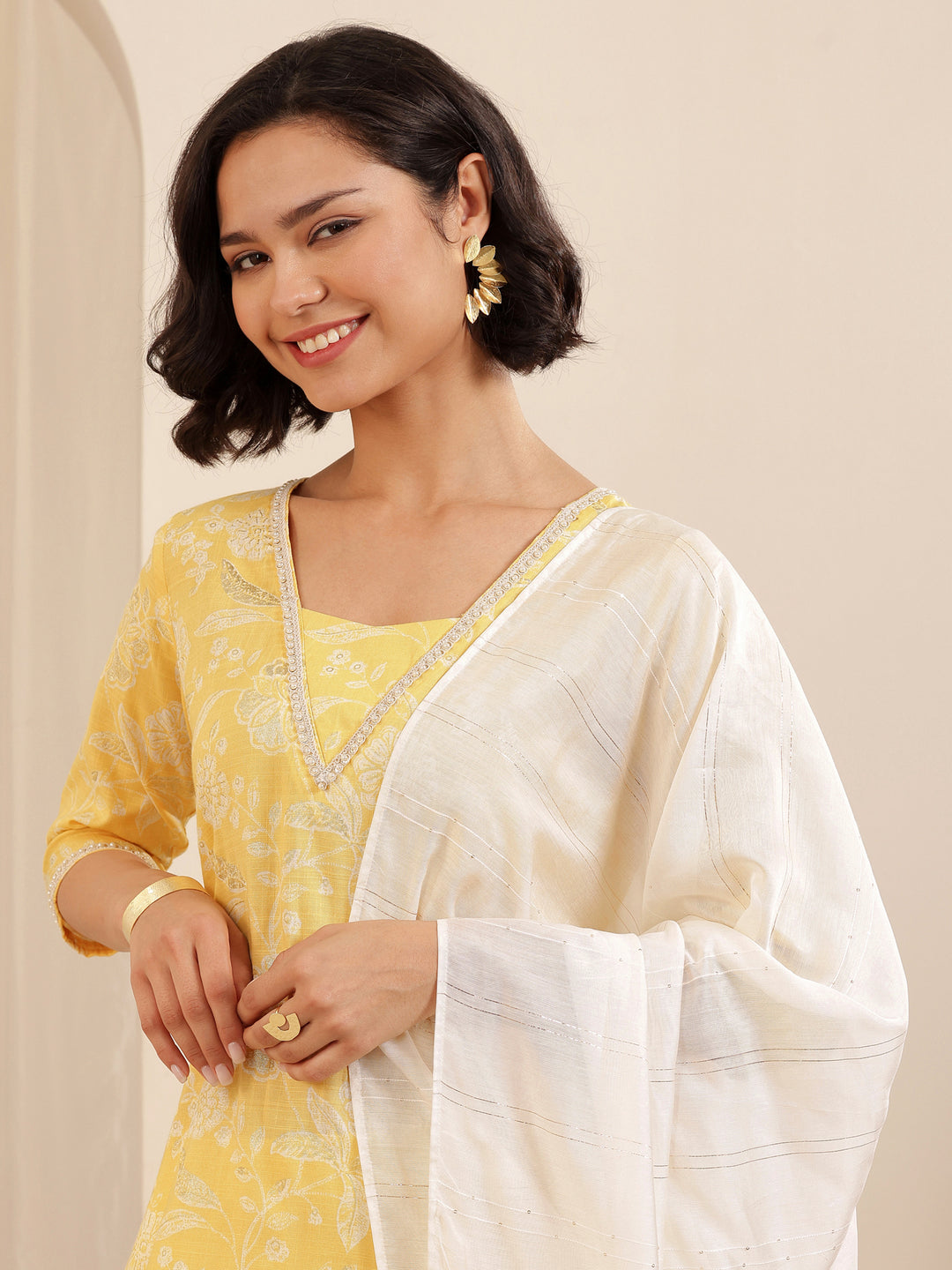  Yellow Printed Cotton Blend Straight Suit Set With Dupatta 