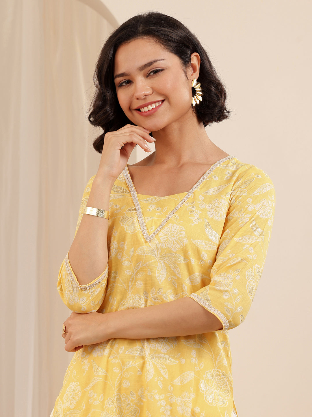  Yellow Printed Cotton Blend Straight Suit Set With Dupatta 