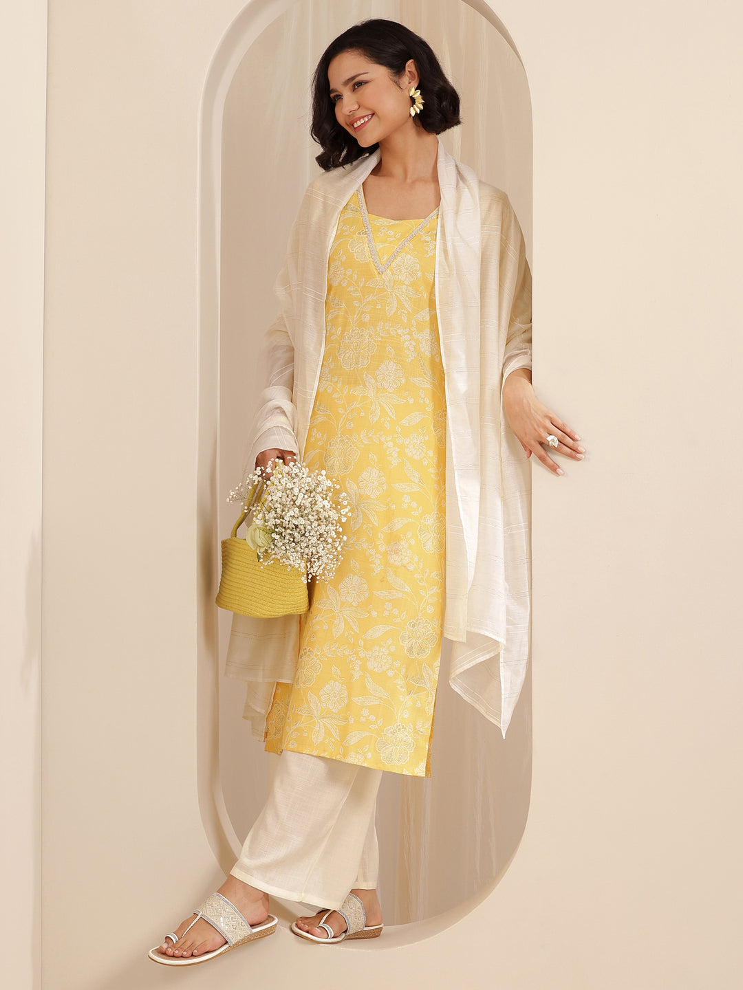  Yellow Printed Cotton Blend Straight Suit Set With Dupatta 