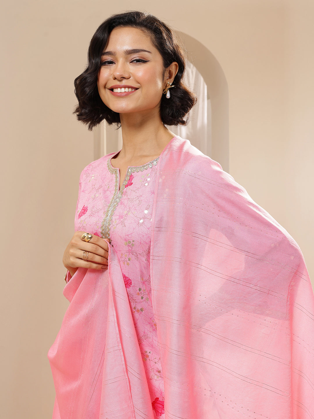  Pink Printed Cotton Blend Straight Suit Sets With Dupatta 