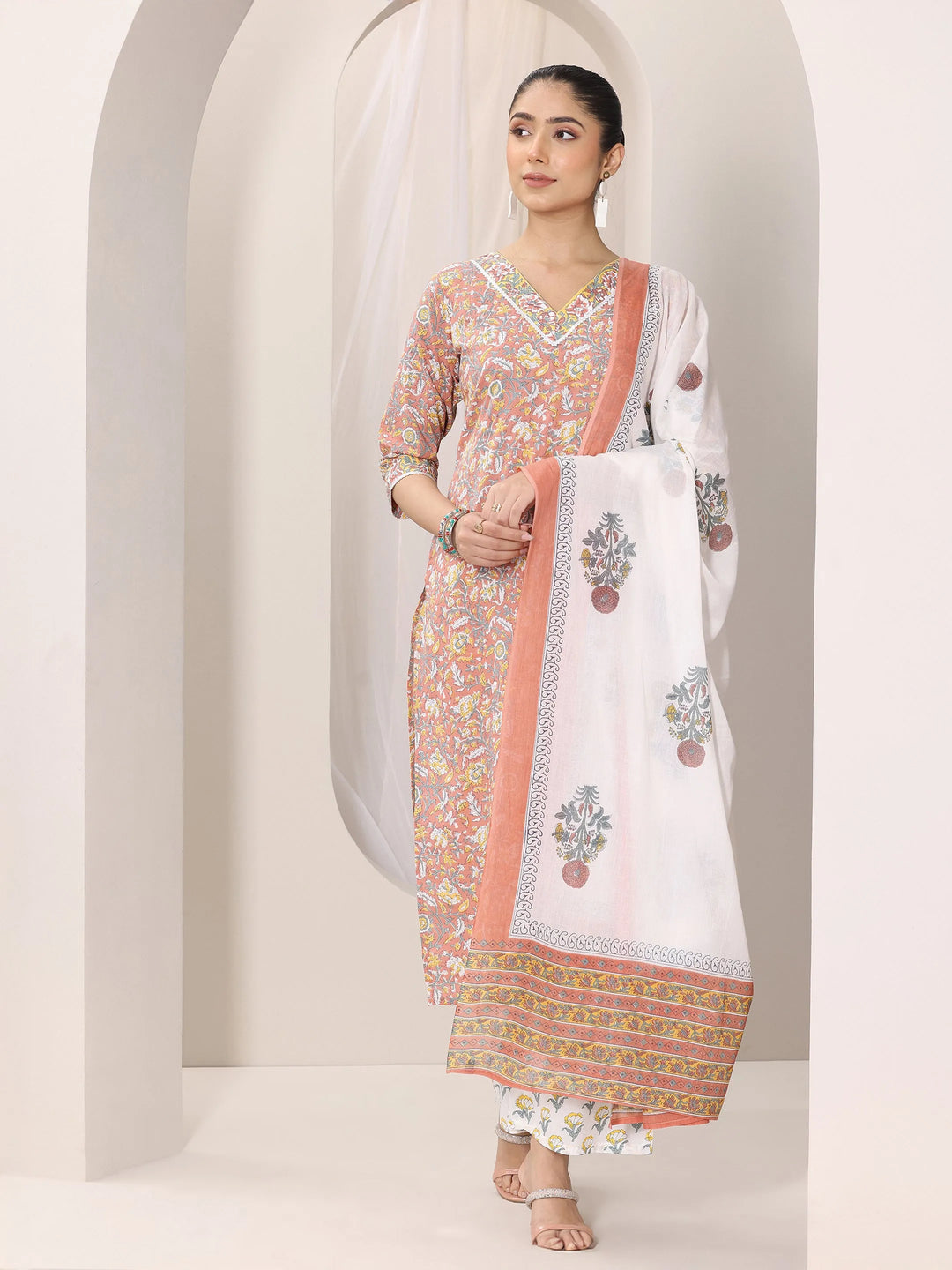  Coral Printed Cotton Straight Suit Set With Dupatta 