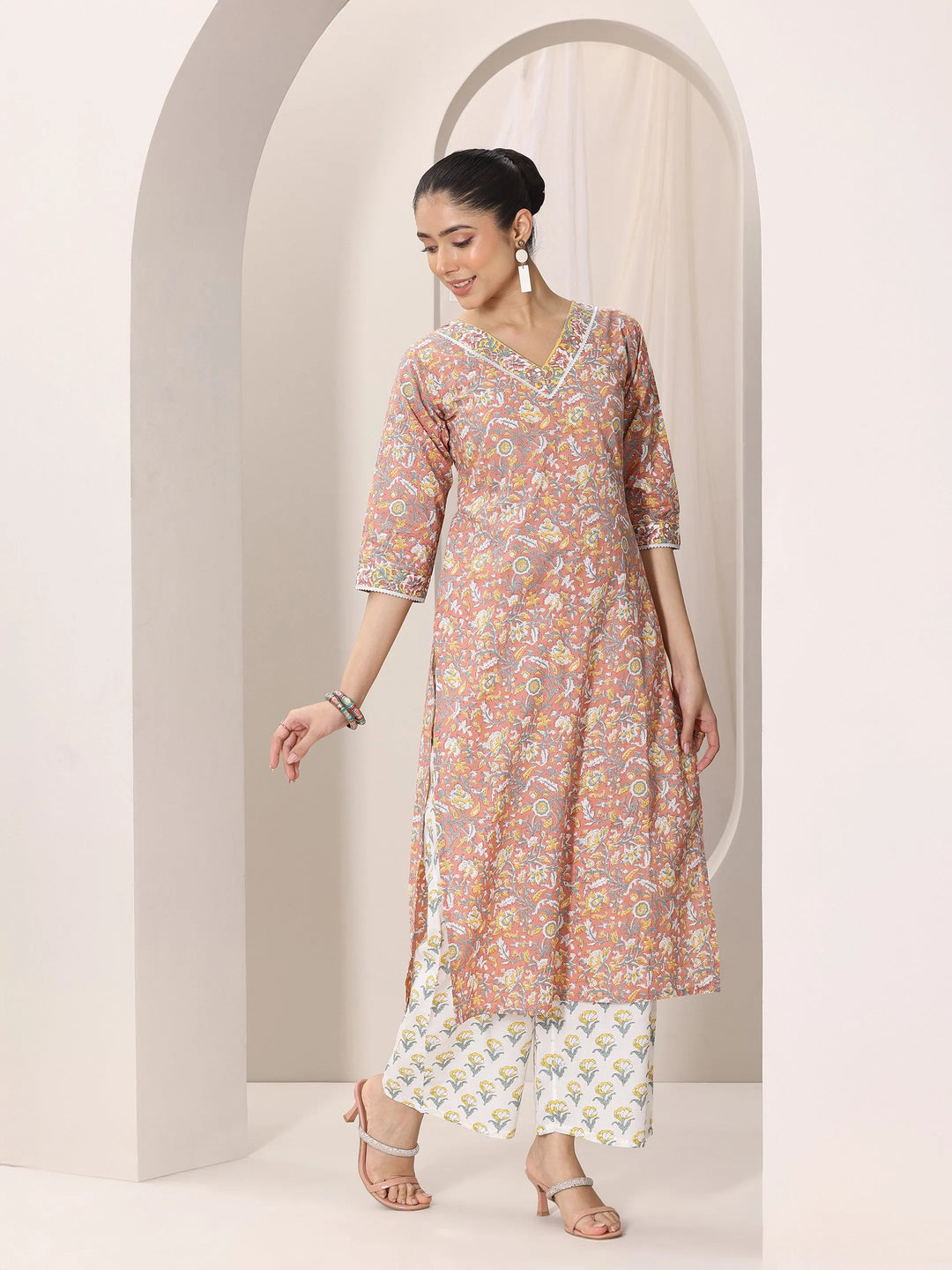  Coral Printed Cotton Straight Suit Set With Dupatta 