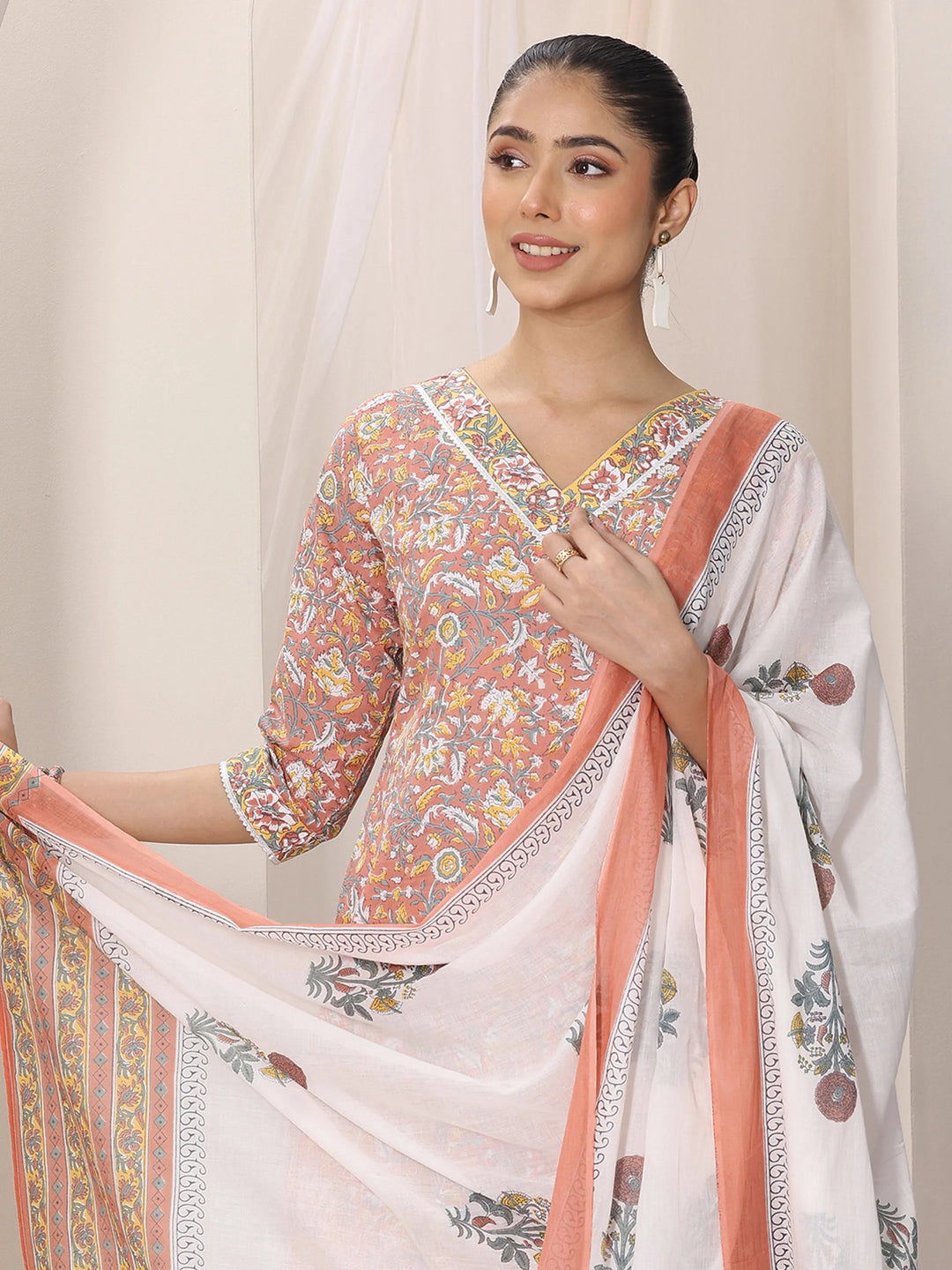  Coral Printed Cotton Straight Suit Set With Dupatta 