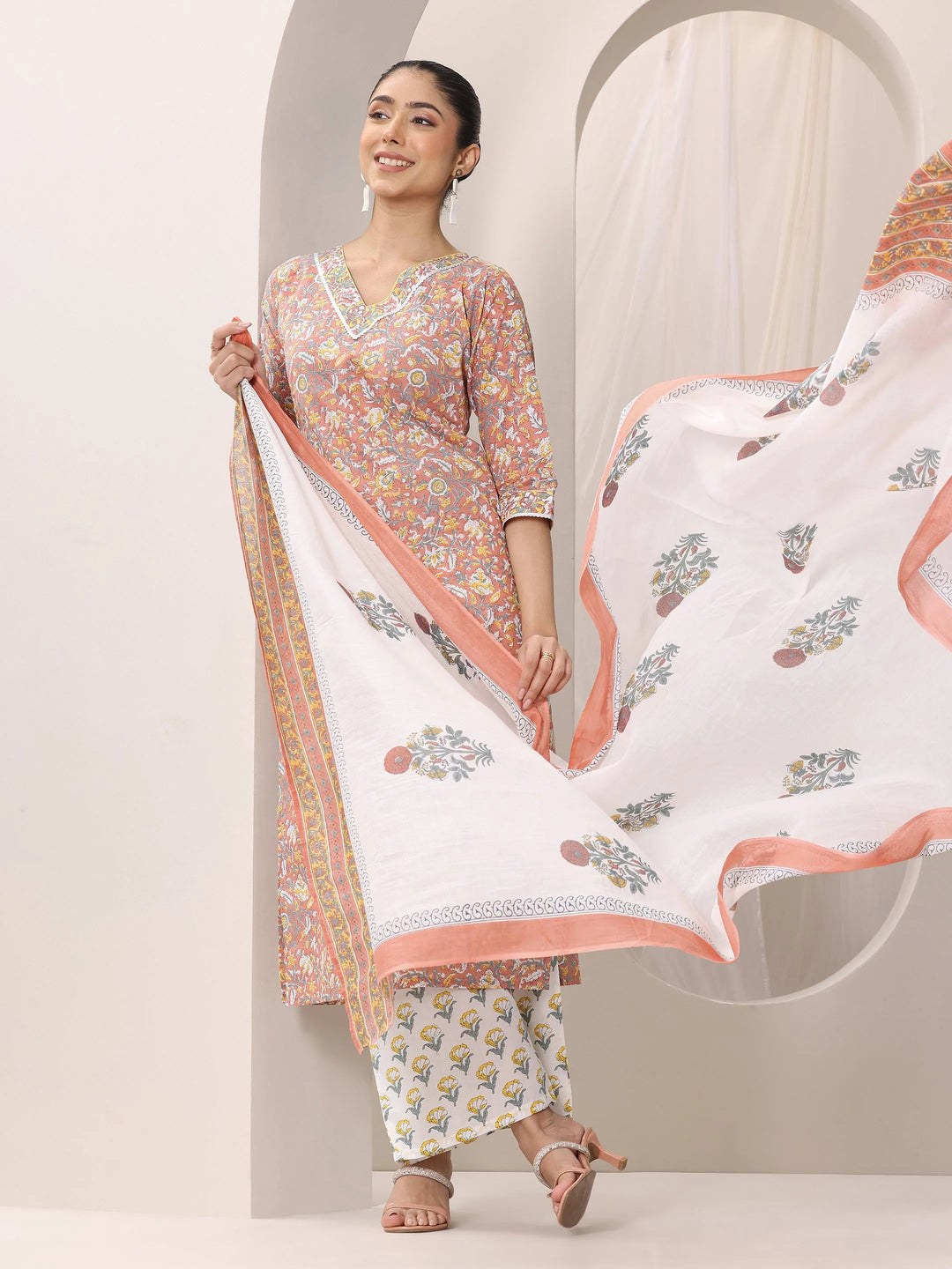  Coral Printed Cotton Straight Suit Set With Dupatta 