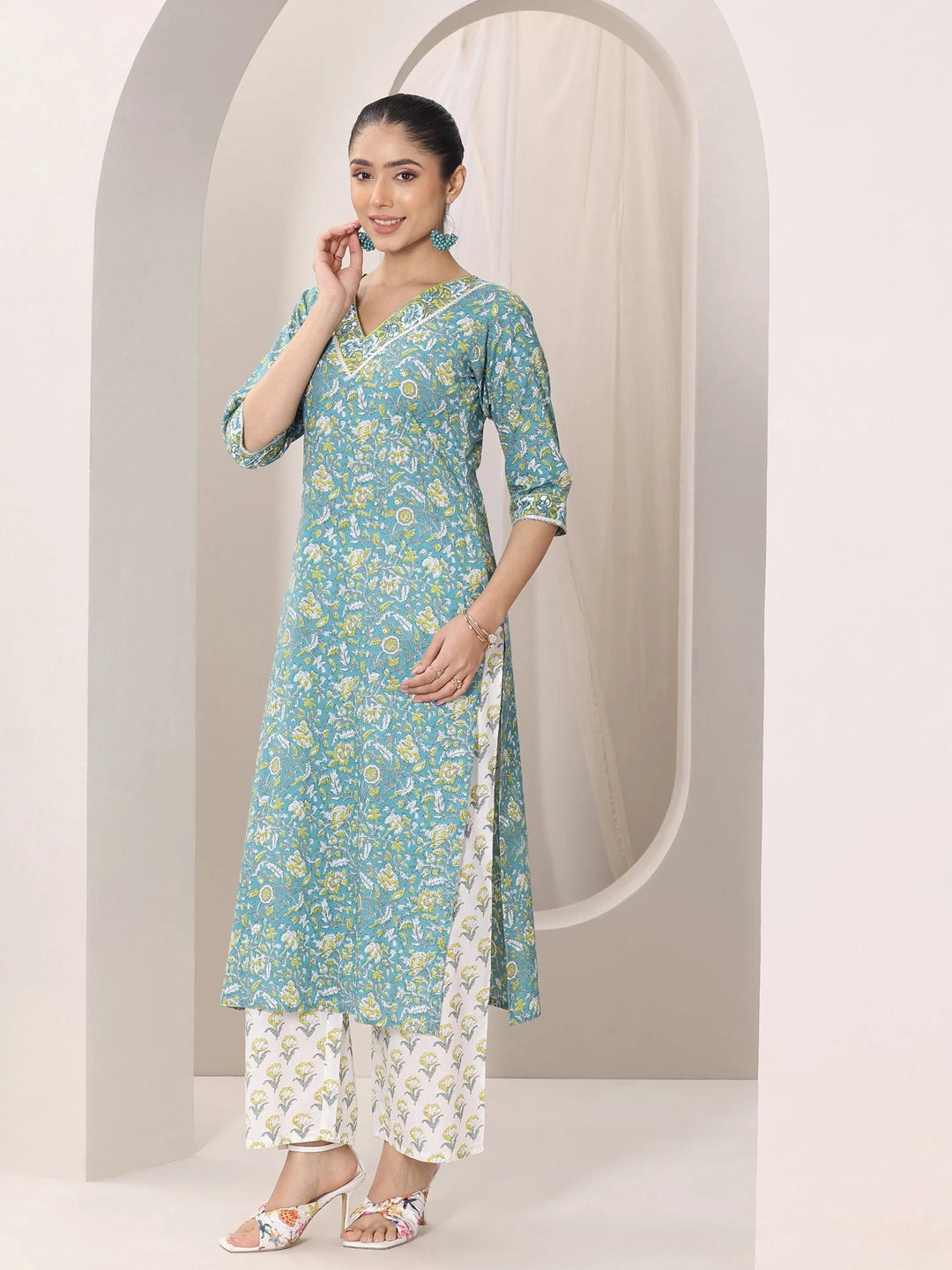  Teal Printed Cotton Straight Suit Set With Dupatta 