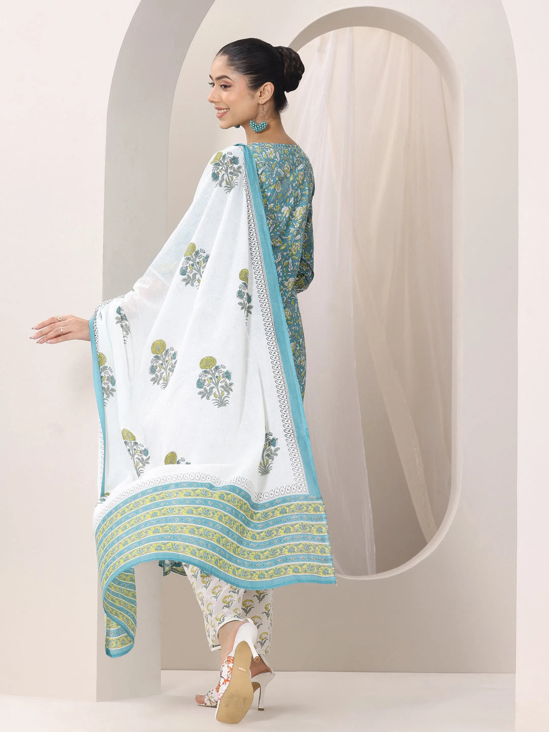  Teal Printed Cotton Straight Suit Set With Dupatta 