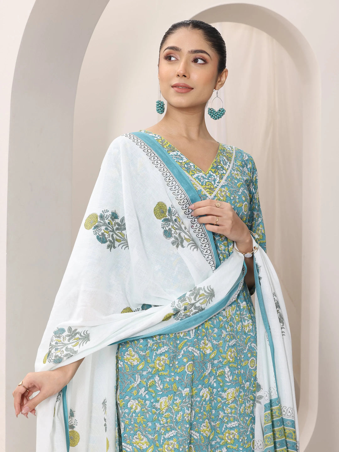  Teal Blue Printed Cotton Straight Suit Set With Dupatta 