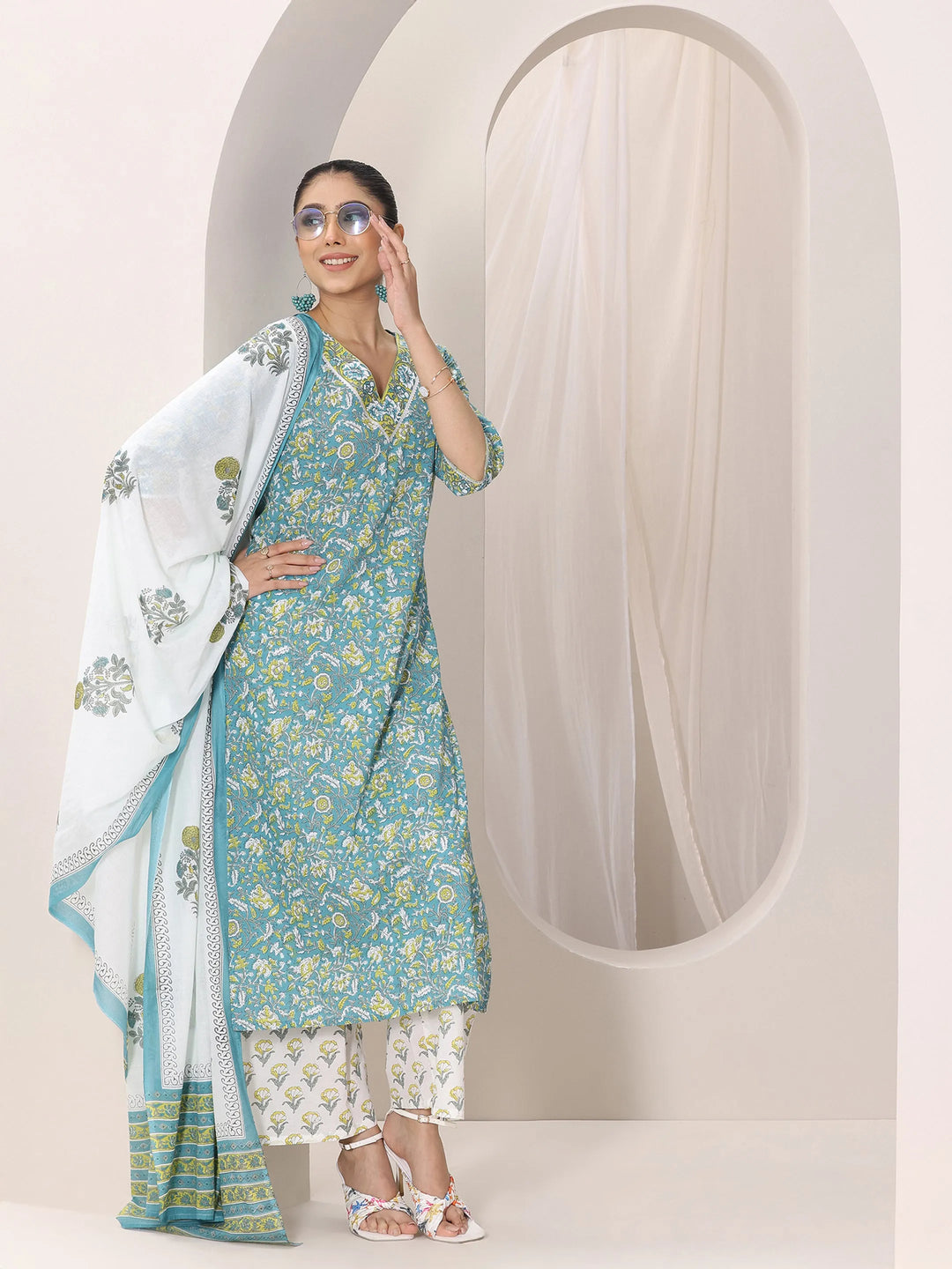  Teal Printed Cotton Straight Suit Set With Dupatta 