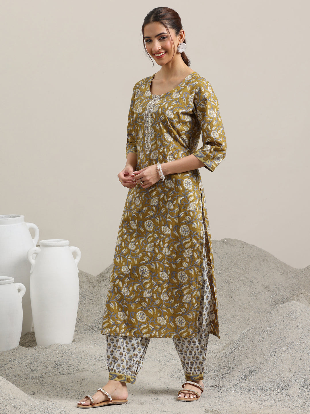  Mustard Printed Cotton Straight Suit With Dupatta 