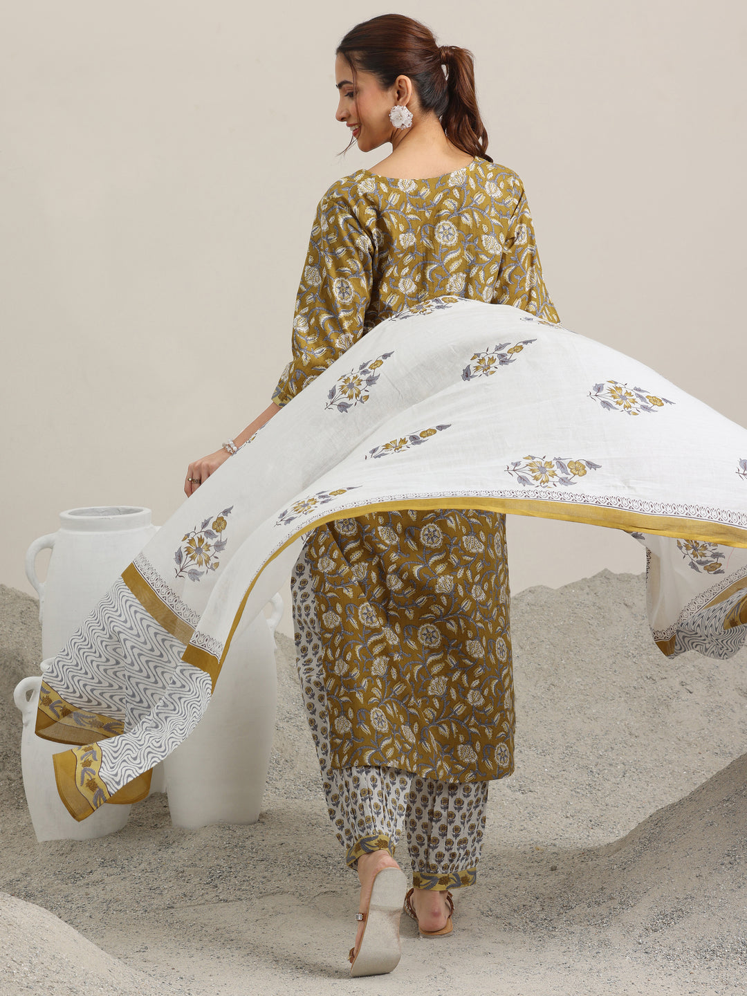  Mustard Printed Cotton Straight Suit With Dupatta 