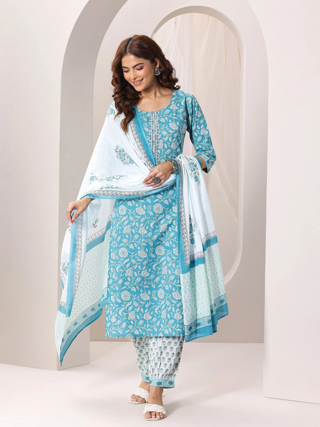  Blue Printed Cotton Straight Suit Set With Dupatta 