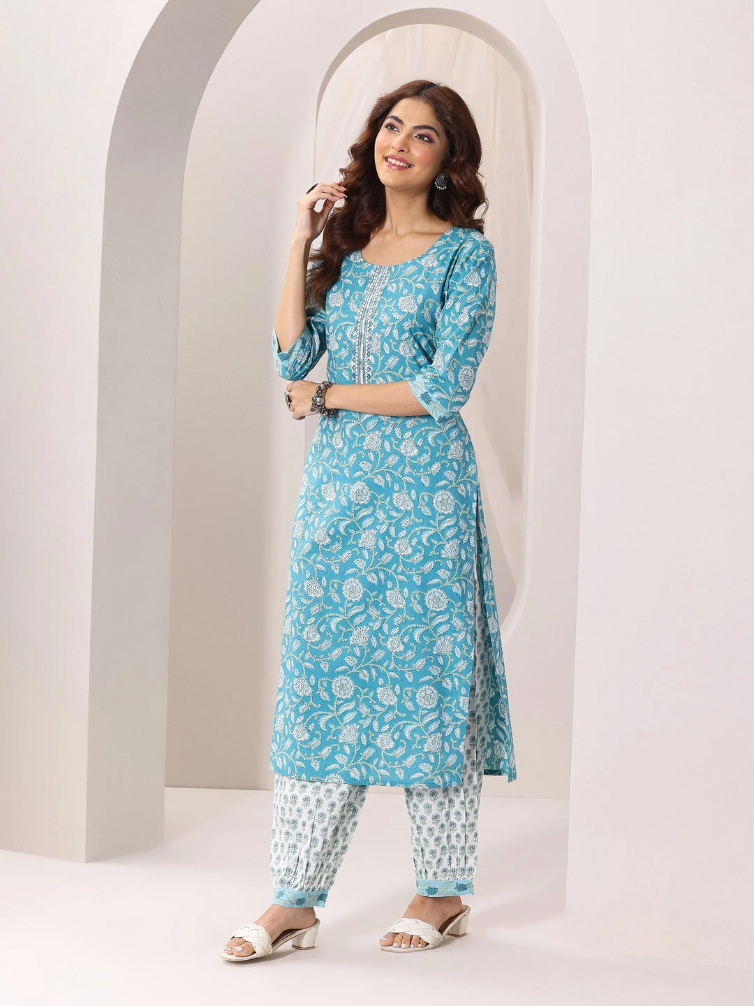  Blue Printed Cotton Straight Suit Set With Dupatta 