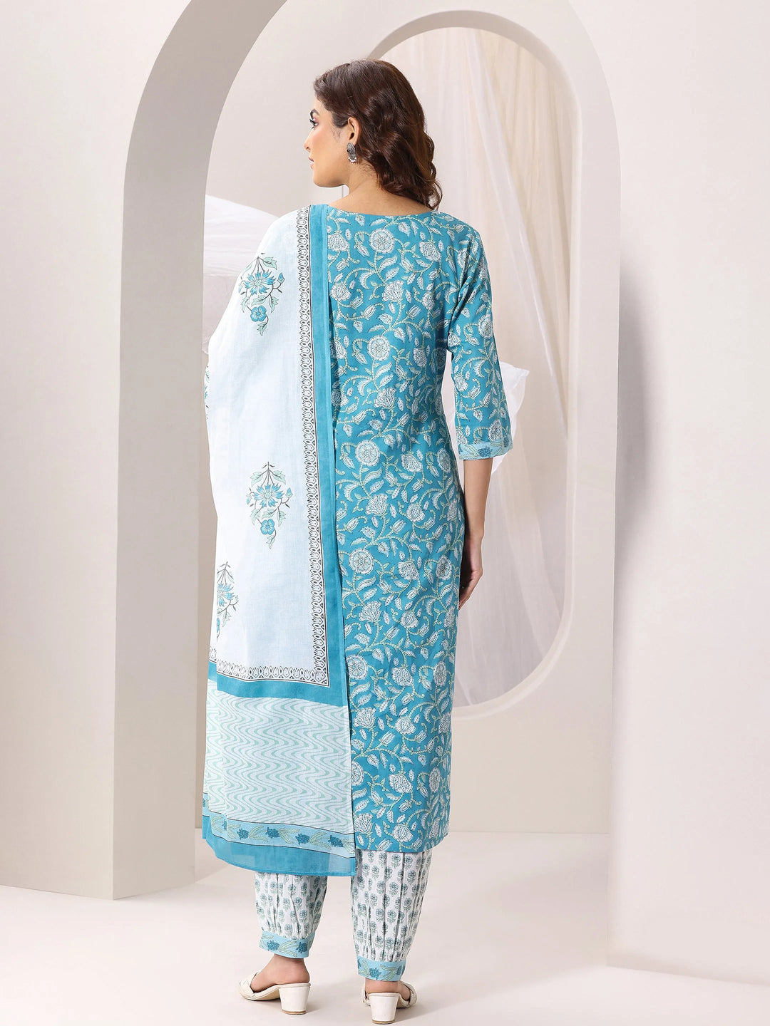  Blue Printed Cotton Straight Suit Set With Dupatta 