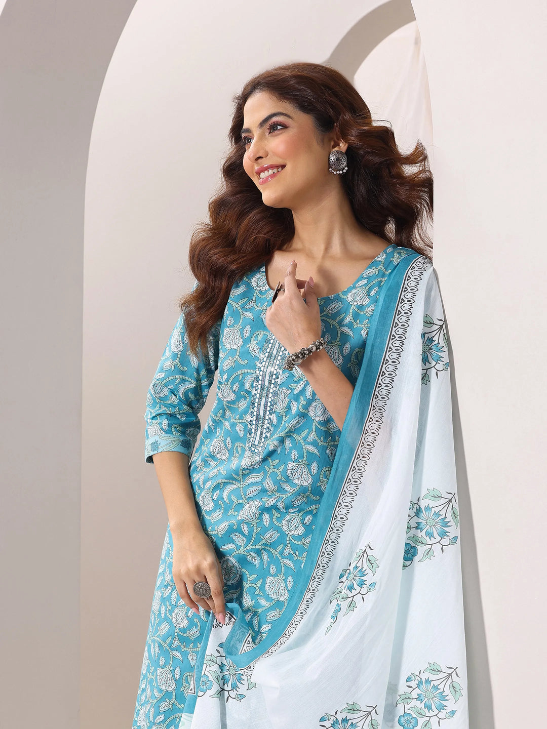 Blue Printed Cotton Straight Suit Set With Dupatta