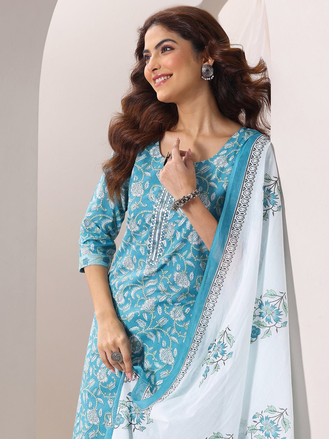 Blue Printed Cotton Straight Suit Set With Dupatta