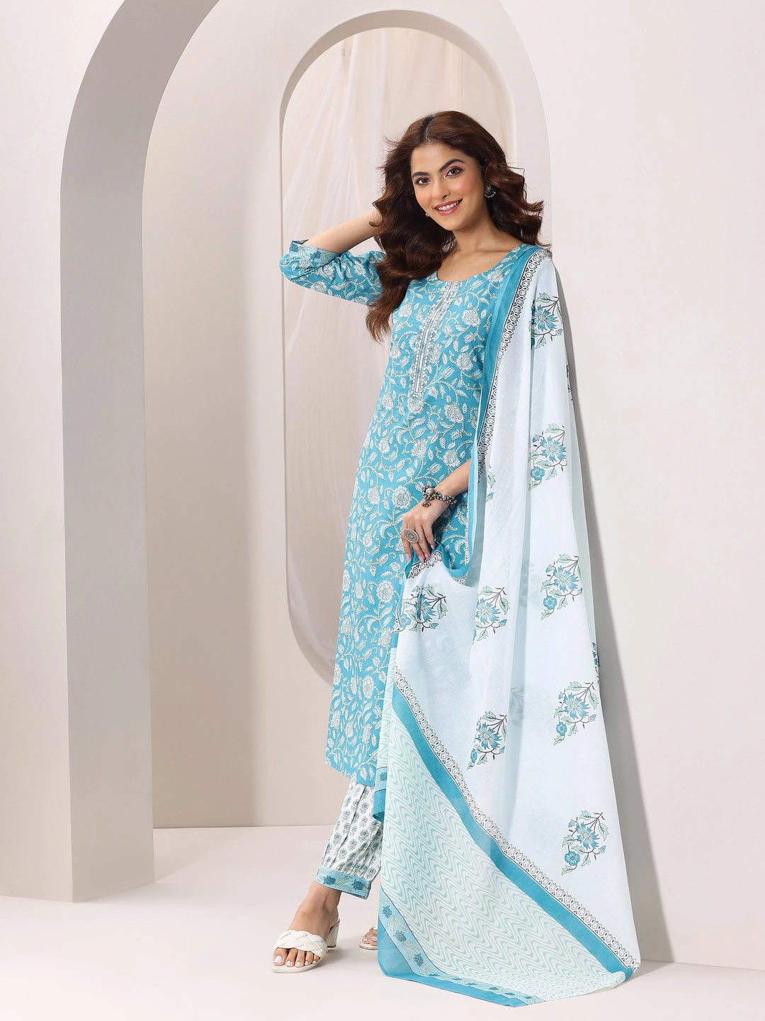  Blue Printed Cotton Straight Suit Set With Dupatta 