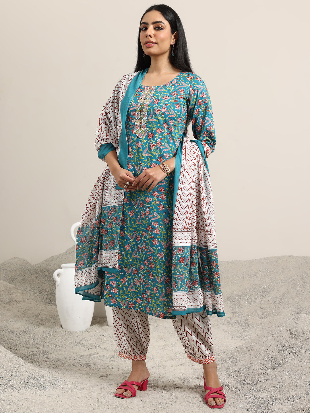 Blue Printed Cotton Straight Suit With Dupatta