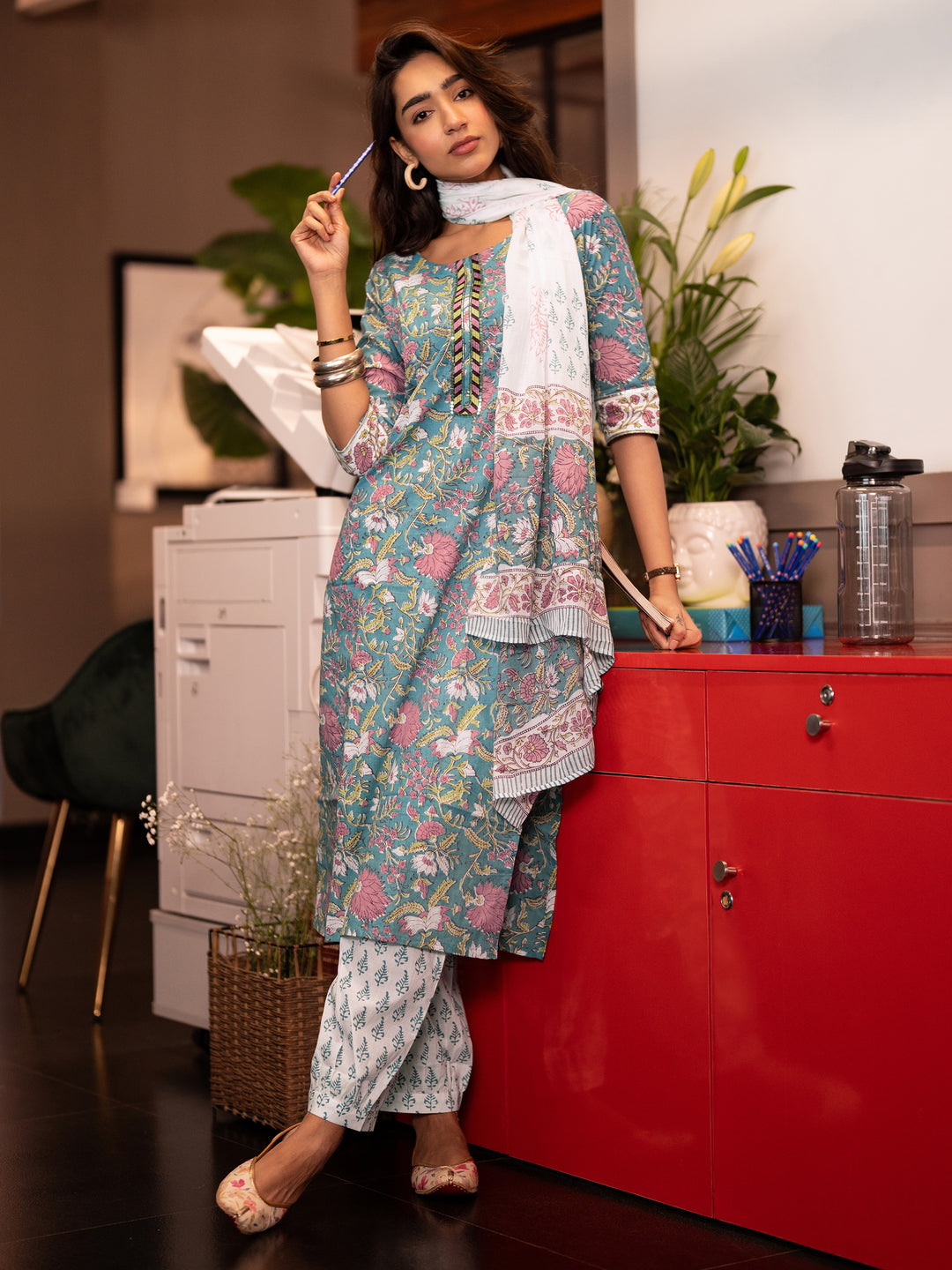  Blue Printed Cotton Straight Suit With Dupatta 