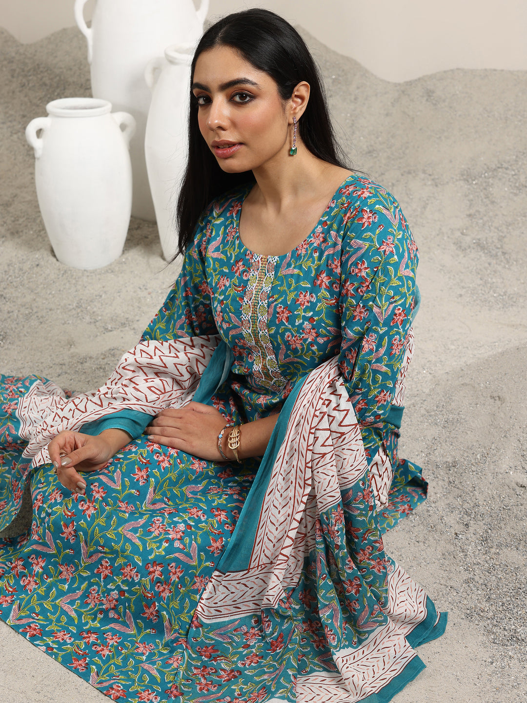  Blue Printed Cotton Straight Suit With Dupatta 