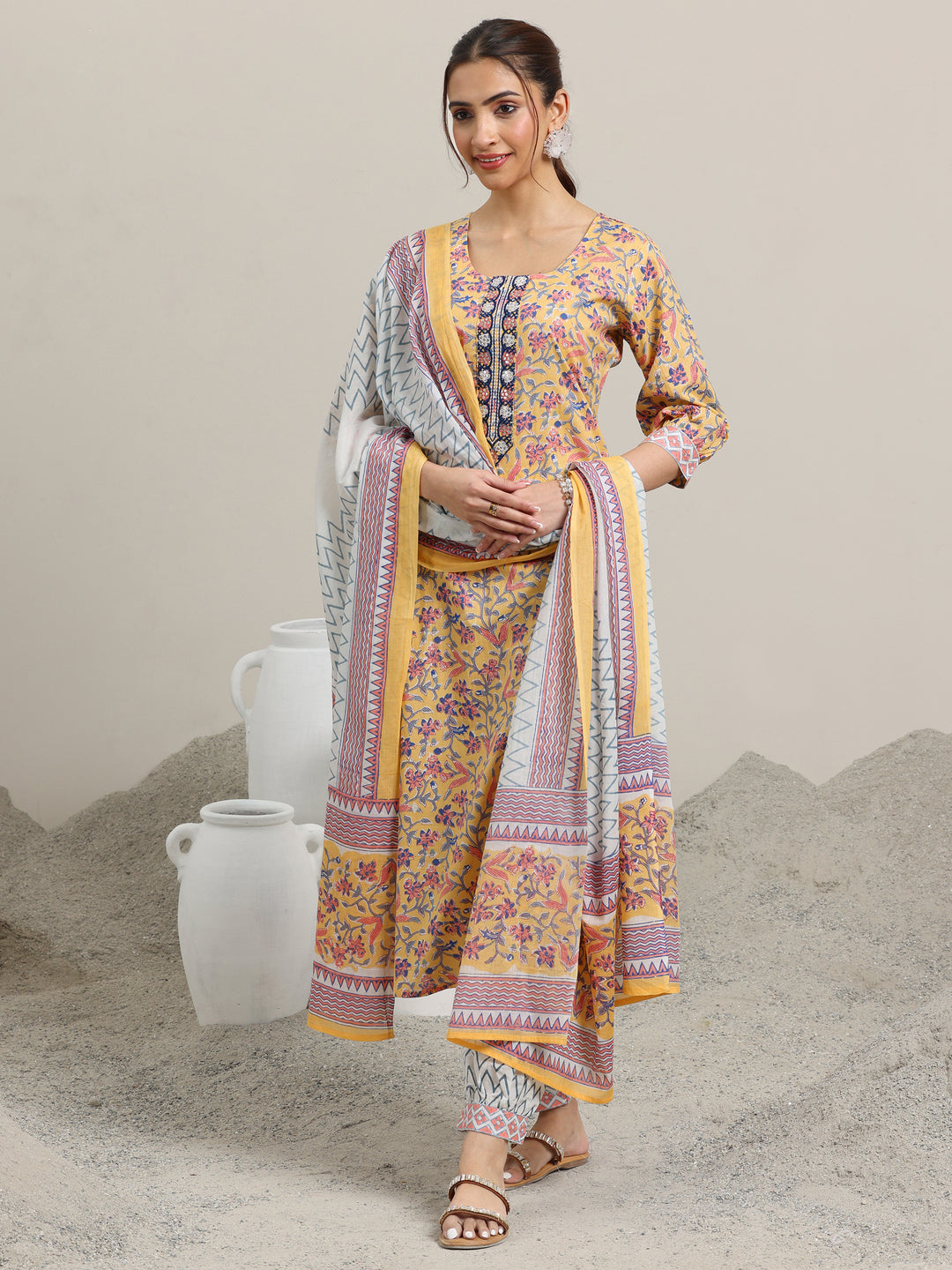  Yellow Printed Cotton Straight Suit With Dupatta 