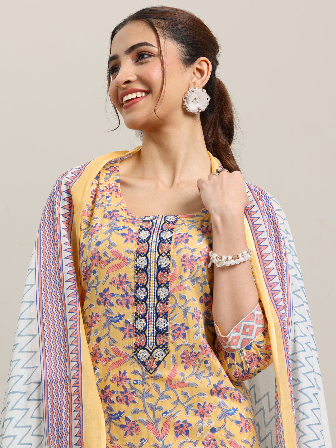  Yellow Printed Cotton Straight Suit With Dupatta 