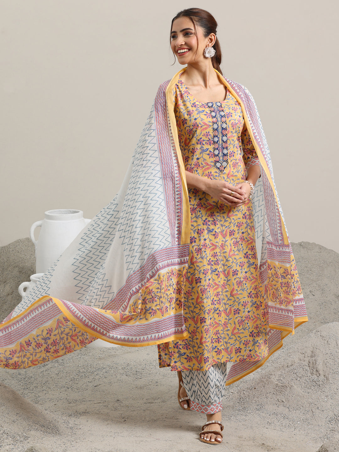  Yellow Printed Cotton Straight Suit With Dupatta 