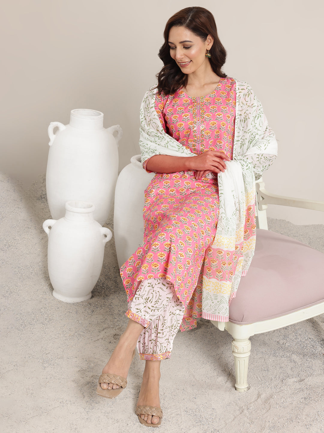  Pink Printed Cotton Straight Suit Set With Dupatta 