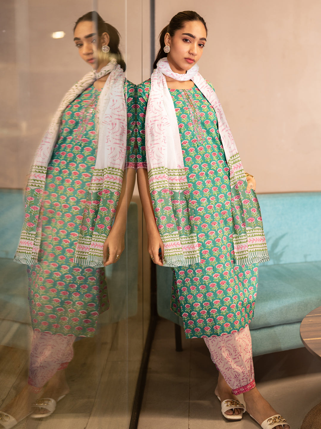  Green Printed Cotton Straight Suit Set With Dupatta 