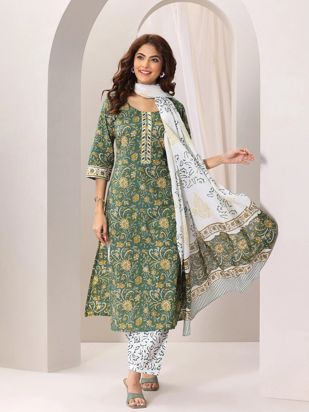  Green Printed Cotton Straight Suit Set With Dupatta 