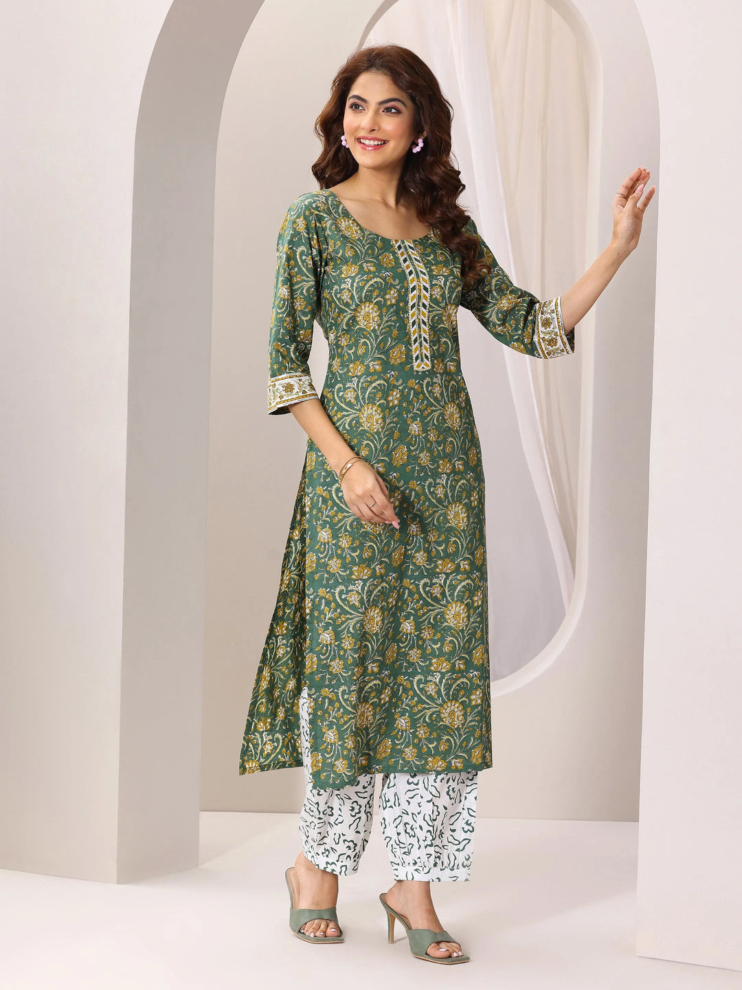  Green Printed Cotton Straight Suit Set With Dupatta 