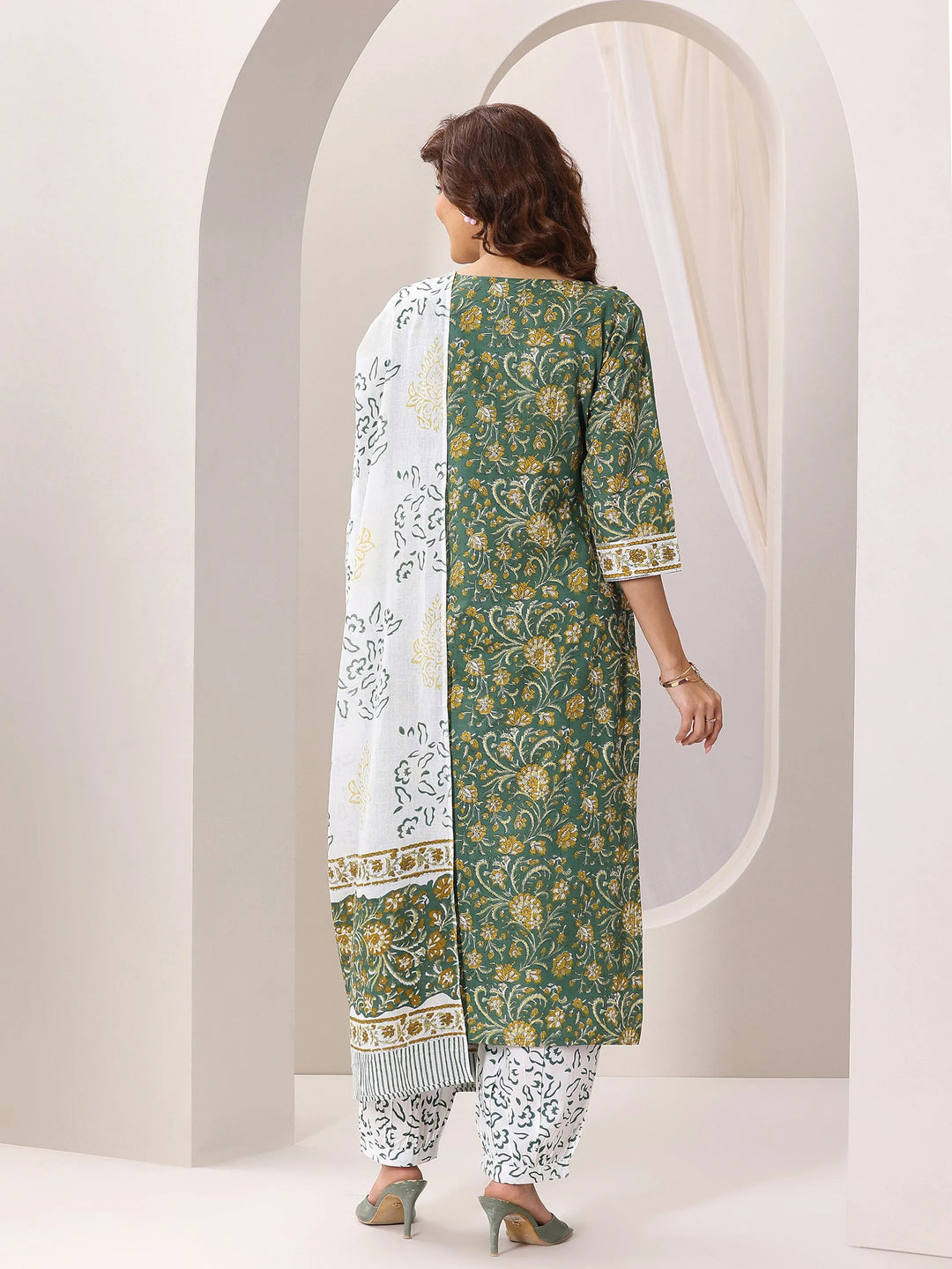  Green Printed Cotton Straight Suit Set With Dupatta 