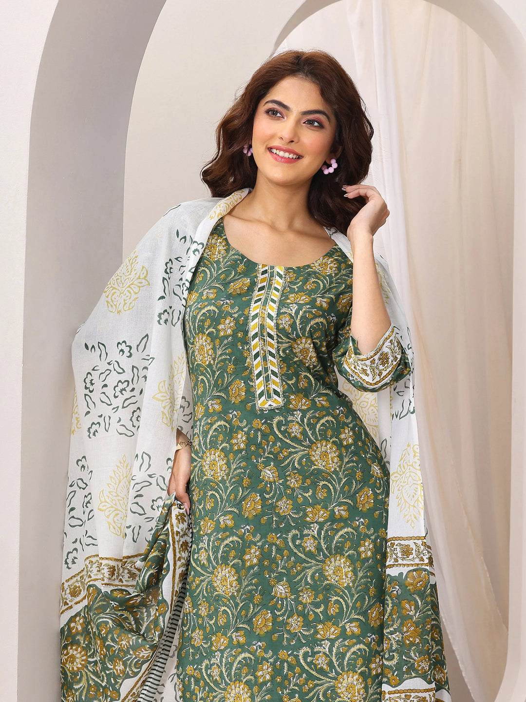  Green Printed Cotton Straight Suit Set With Dupatta 